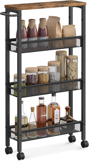 Slim Rolling Cart, 4-Tier Storage Cart, Narrow Cart with Handle 5.1 Inches Deep, Metal Frame
