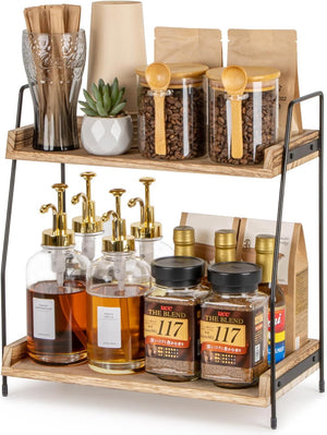 2 Tier Coffee Condiment Storage,Coffee Station Organizer for Countertop, Wooden Kitchen Counter Shelf, Coffee Bar Accessories and Organizer, Coffee Caddy