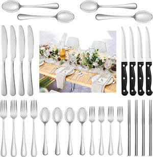 28 PCS ilverware Set, Stainless Steel Flatware Set with Steak Knives Service and Chopsticks for 4, , Home Kitchen Eating Tableware Set, Dishwasher Safe