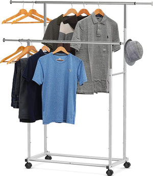 Double Rod Portable Clothing Hanging Garment Rack Coat Stand