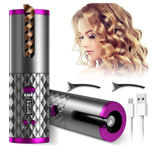 Automatic Curling Iron, Cordless Auto Hair Curler, Ceramic Rotating Hair Curler, Portable Rechargeable Curling Wand for Styling, Purple