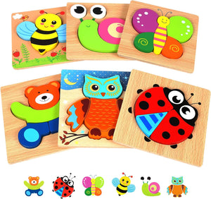 Wooden Jigsaw Puzzle Set,6 Pack Animal Shape Color Montessori Toy,Easter Basket Toy,Fine Motor Skill Early Learning Preschool Educational Gift Game for 1 2 3 4 5 Years Old Kid Toddler