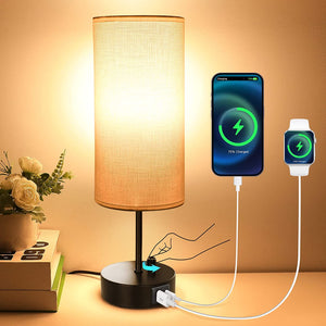 Touch Control Bedside Table Lamp with Dual USB Charging Port 3 Way Dimmable Fabric Shade Light for Bedroom Home Decoration