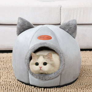 2-in-1 Pet Sleeping Tent Cat Bed,  Self-Warming Cave Nest Cat Hut with Removable Washable Cushion