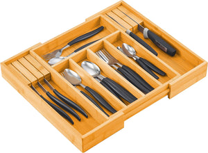 Bamboo Expandable Cutlery Organizer Tray For Silverware, Flatware, Utensils, Cutlery