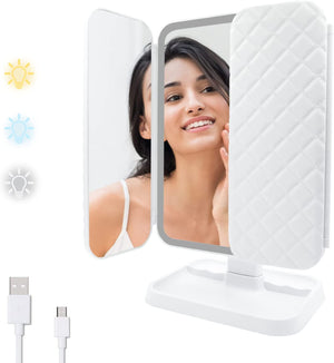 Tri-fold Lighted Makeup Mirror, 180 Degree Adjustable Travel Vanity Makeup Mirror Stand for Countertop Cosmetic
