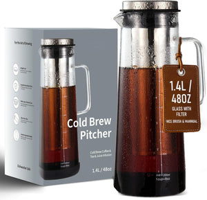 100% Airtight Cold Brew Glass Coffee Maker Iced Tea Maker Juice Water Carafe Server, Double Mesh Stainless Steel Filter (1.4L)