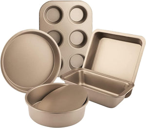 5 Piece Nonstick Bakeware Set Bake Set with Square Baking Tray, Round Cake Pan, Pizza Pan, Loaf Pan & Muffin Pan