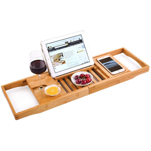 Extendable Bamboo Bathtub Caddy Tray Luxury Spa Organizer with Folding Sides