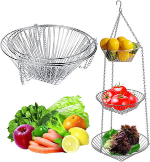 3 Tier Hanging Fruit Basket, Metal Wire Bowl Vegetable Holder