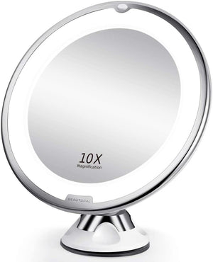 10X Magnifying Lighted Vanity Makeup Mirror with Natural White LED, 360 Degree Swivel Rotation and Locking Suction