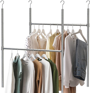 2 Pieces Hanging Closet Rod, Clothes Hanging Bar Double Closet Organizer for Hanging Clothes Indoor Outdoor Closet Space-Saving
