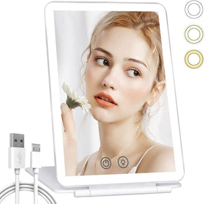 Travel Makeup Mirror, Folding Lighted Vanity Cosmetic Mirror With Adjustable 3-Color Touch Screen