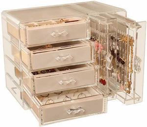 Jewelry Organizer Box, Clear Earring Holder Jewelry Hanging Boxes with 4 Velvet Drawers for Earrings Ring Necklace Bracelet Display Case
