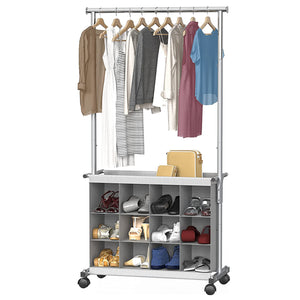 Rolling Clothing Garment Rack on Wheels with 12 Shoes Organizer