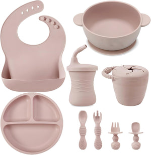 9PCS Silicone Baby Feeding Set, Divided Suction Plate Bowl Bibs Sippy Cup with Baby Snack Container Spoons Forks