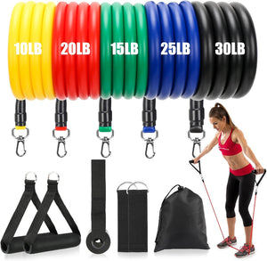 Resistance Band Set Includes 5 Stackable Exercise Bands with Handles, Carry Bag, Ankle Straps and Door Anchor Accessory