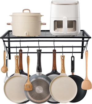 Hanging Pot Rack, Pot and Pan Organizer Wall Mounted Pots Holder Kitchen Storage Shelf