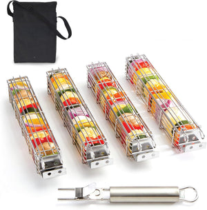 Stainless Steel Large Kebab Grilling Basket with Removable Handle,With storage bag(Set of 4 ）