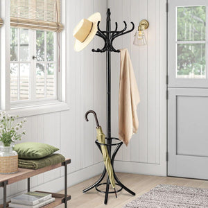Coat Rack Stand Wooden Hat Clothes Umbrella Standing 12 Hooks Hanger Walnut Tree