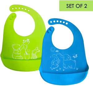 Waterproof Silicone Baby Bibs (Set of 2) with Food Catcher Pocket – BPA Free, Food Grade Feeding & Weaning Bib for Toddlers