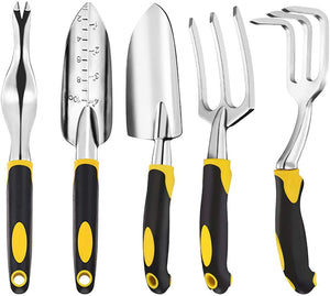 5 Piece Gardening Tools Set Includes Hand Trowel, Transplant Trowel and Cultivator Hand Rake