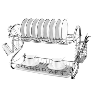 Kitchen 2-Tier Dish Rack Chrome Plated Dish Drying Rack Organizer with Utensil Holder