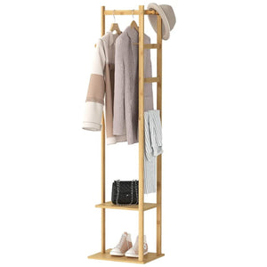 Bamboo Clothing Rack, Corner Coat Rack Stand Hall Trees Free Standing Clothes Hanging Rail Garment Rack with 2 Shelves 3 Hanger Hooks and Pants Hanger for Entryway Bedroom Living Room
