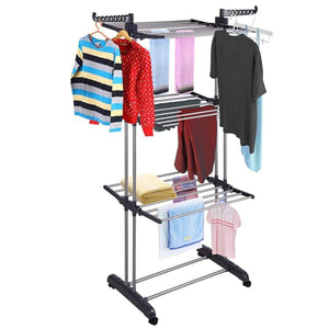 Foldable 3 Tier Clothes Airer Drying Rack Rolling Collapsible Garment Laundry Dryer Hanger Stand Rail