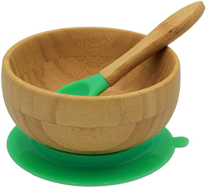 Baby Feeding Bowl and Spoon Set, Bamboo Bowl with Stay Put Silicone Suction Ring