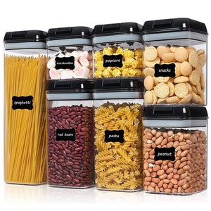 Airtight Food Storage Container Set with Easy Lock Black Lids Labels ( 7 Pieces )
