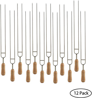12-Pieces Double Prongs BBQ Barbecue Shish Kebab Skewers Stainless Steel Wooden Handle 15 inch