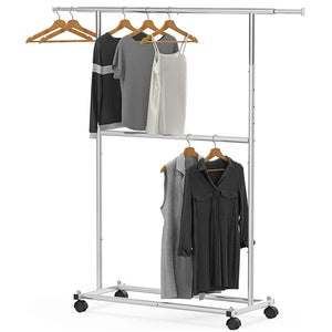 Double Rod Clothing Garment Rack, Rolling Clothes Organizer on Wheels for Hanging Clothes