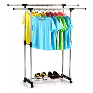 Double Pole Cloth draying Rack Stainless Steel Adjustable Hanging Garment Towel for Balcony with Wheels for Indoor and Outdoor
