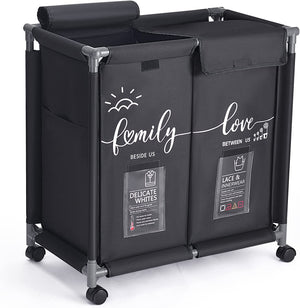 Double Laundry Hamper 110L Large Oxford Clothes Basket Sorter with Rolling Wheels, Lid and Sorting Cards for Clothes & Toys Storage